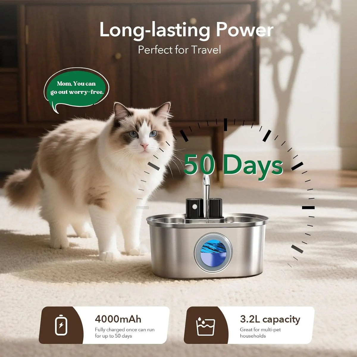 3L Wireless Stainless Steel Pet Water Fountain